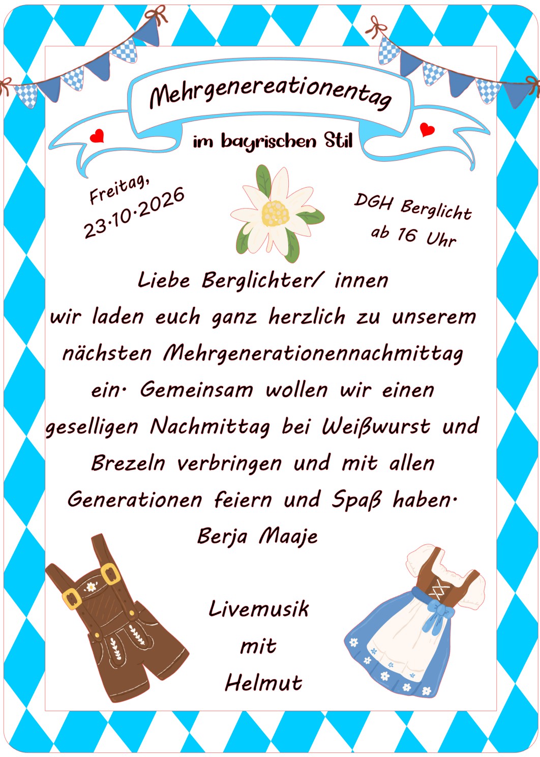 Plakat Mehrgenerationentag im bayrischen Stil am 23. Oktober 2026